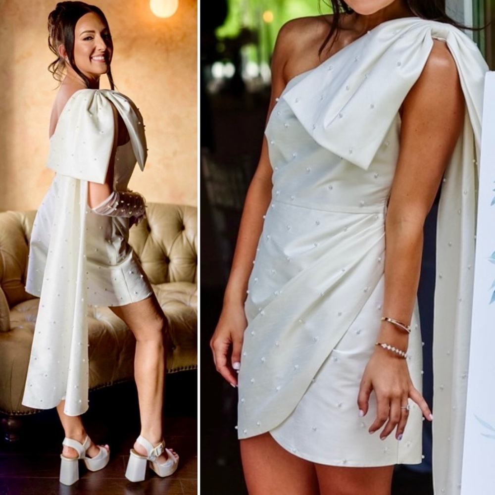 BHLDN Pippa Pearl Bow One Shoulder Mini Dress Bridal Shower Reception 2 XS White - Picture 14 of 15